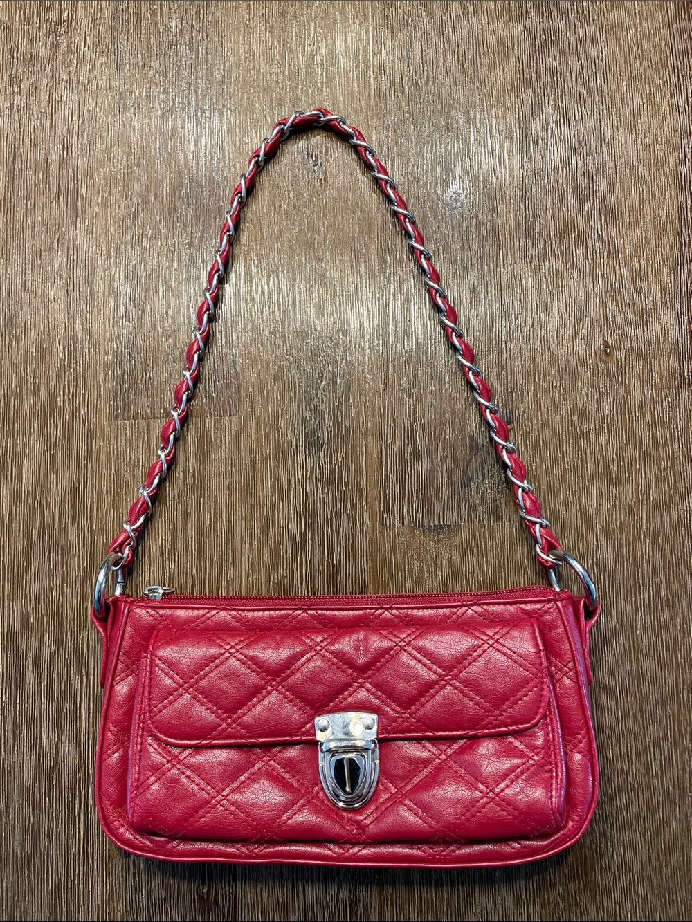 Quilted Red Leather Shoulder Bag with Chain-Detail Strap